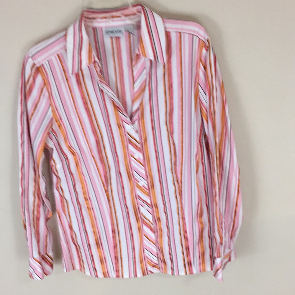 Chico’s Striped Cotton Blend Top with Metallic Ribbon Details Size 2 (12)